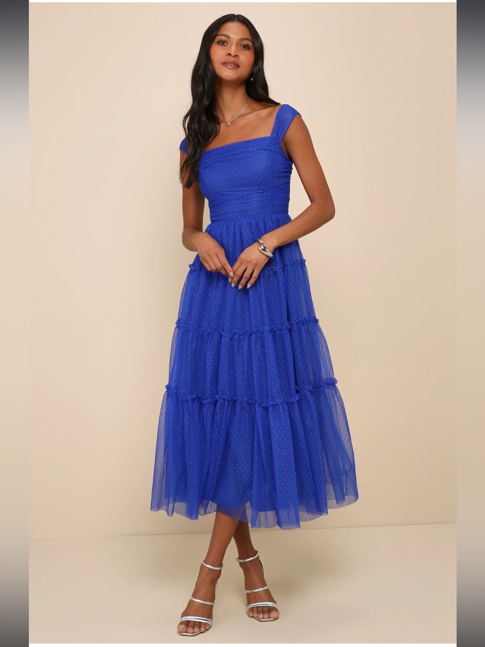 Lulus Blue Moment of Perfection Mesh Swiss Dot Ruched Tiered Midi Dress NWOT XL